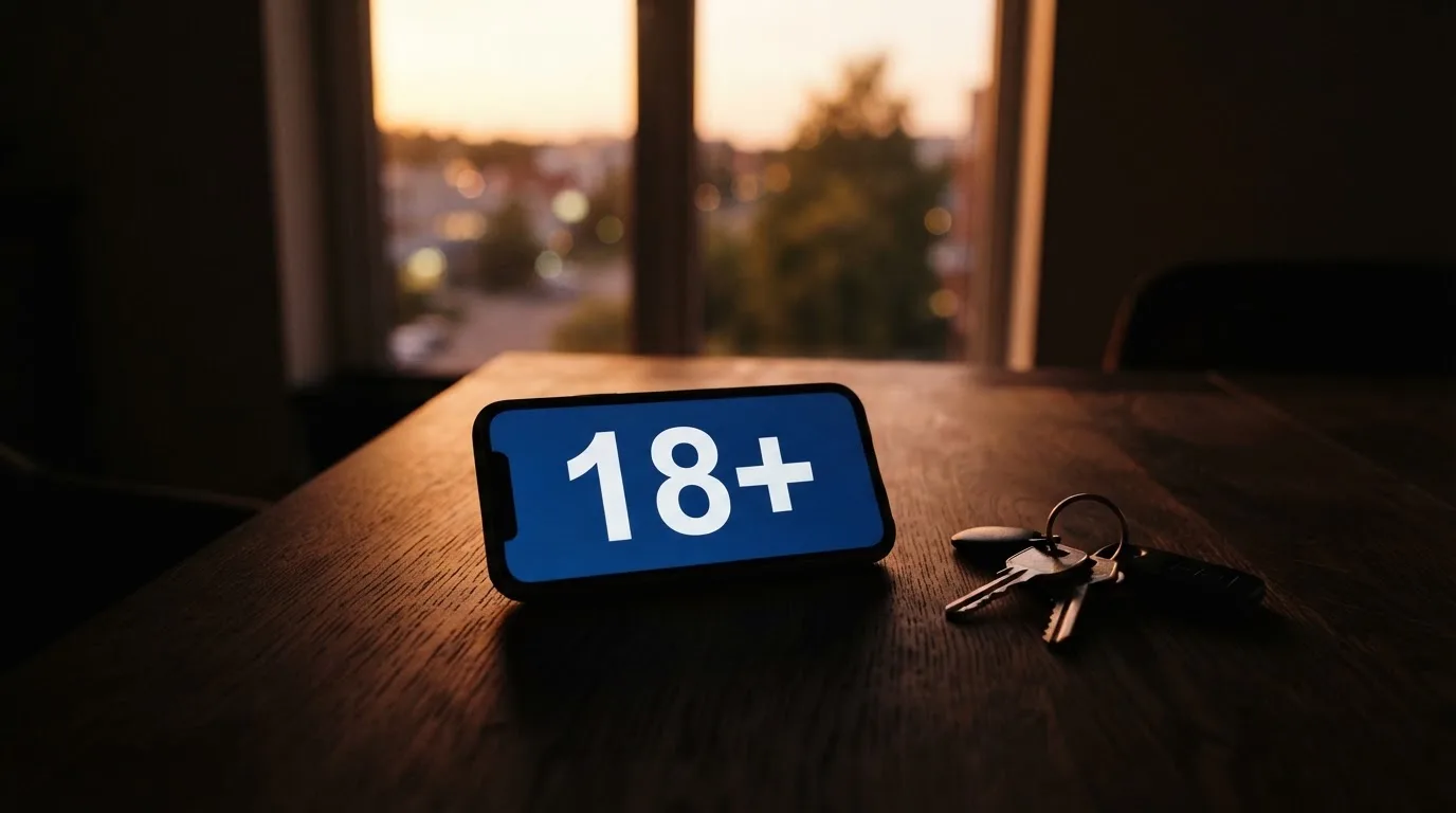 Ein Smartphone mit dunklem Display liegt auf einem Holztisch, daneben ein Schlüsselbund, im Hintergrund ein Fenster mit Abendlicht.