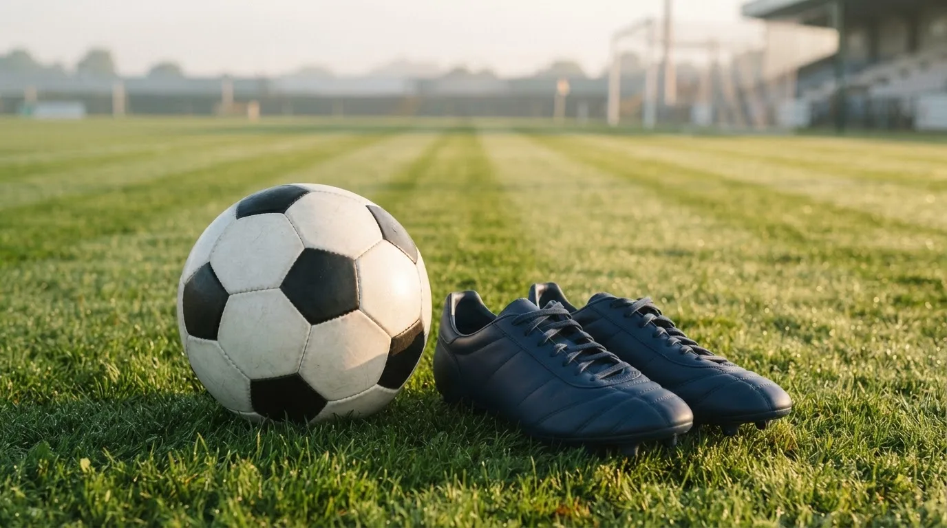 Ein Fußball auf frisch gemähtem Rasen im Morgenlicht, daneben ein Paar Fußballschuhe ohne erkennbare Marke.