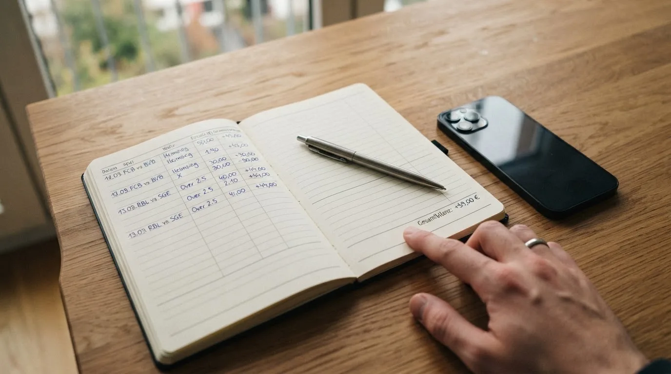 Ein Notizbuch mit handgeschriebenen Zahlen und ein Kugelschreiber liegen auf einem Tisch, daneben ein Smartphone mit schwarzem Bildschirm.