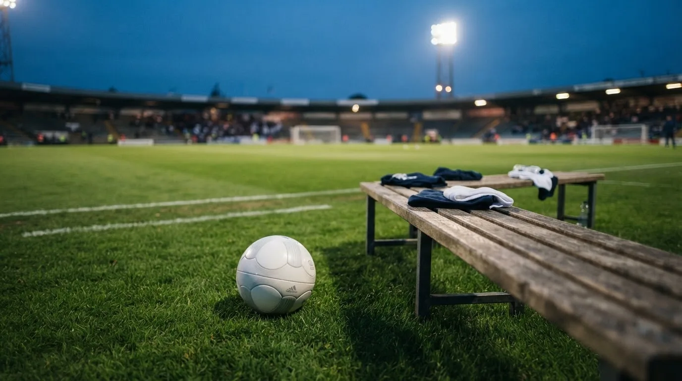 Ein Fußball liegt am Spielfeldrand neben einer leeren Ersatzbank, das Flutlicht über dem Platz leuchtet in der Dämmerung.