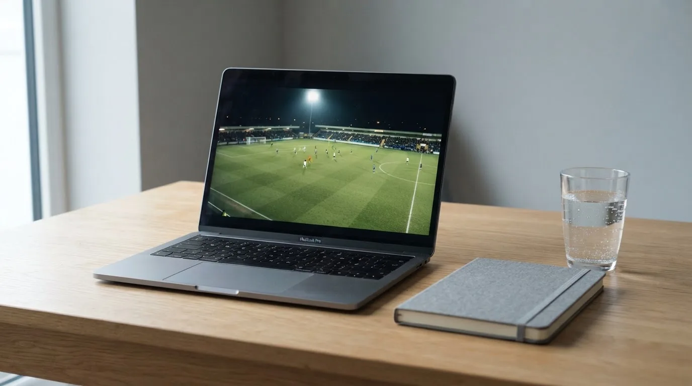 Ein Laptop mit dunklem Bildschirm steht aufgeklappt auf einem Schreibtisch, daneben ein Notizbuch und ein Glas Wasser.