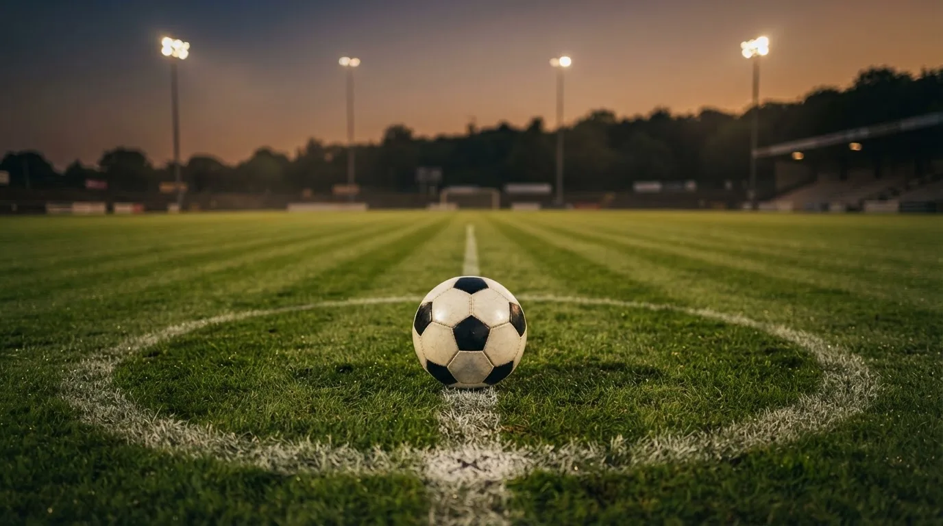 Ein Fußball liegt auf dem Anstoßpunkt eines Rasenplatzes in der Abenddämmerung, Flutlichtmasten stehen unscharf im Hintergrund.