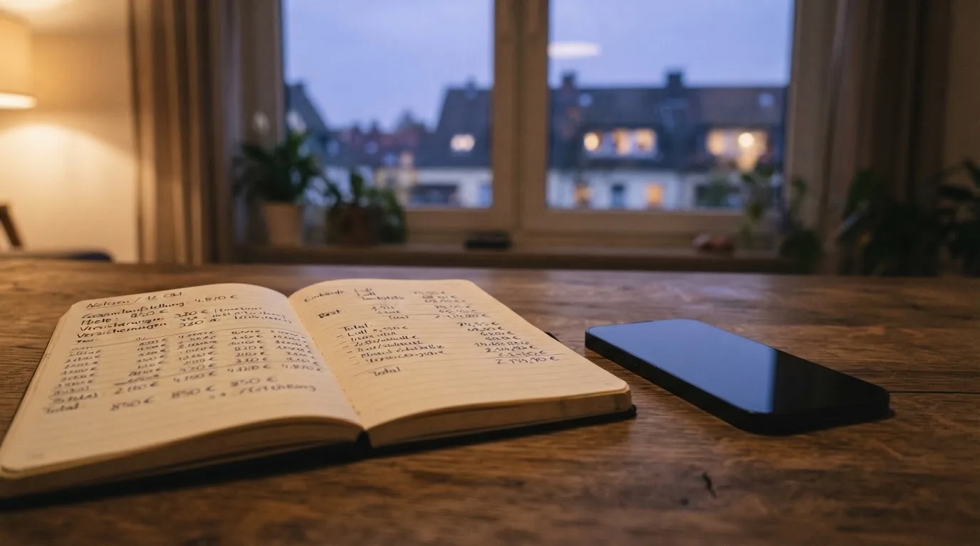 Ein Notizbuch mit handschriftlichen Zahlen liegt neben einem Smartphone mit dunklem Display auf einem Tisch, im Fenster Dämmerlicht.