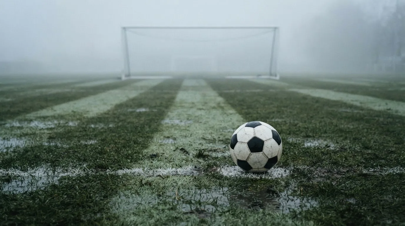 Ein Fußball liegt auf dem Elfmeterpunkt eines nassen Rasenplatzes, im Hintergrund ein leeres Tor im Nebel.