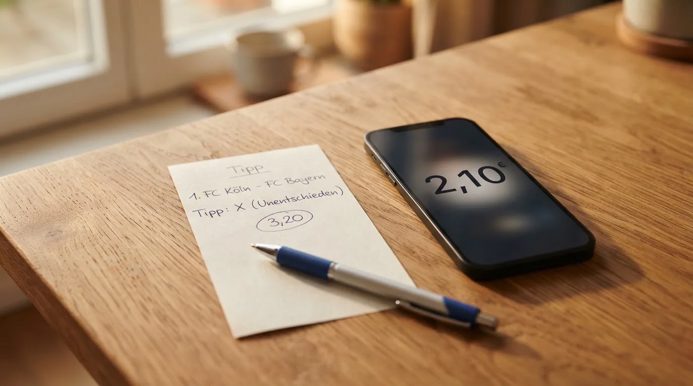 Ein leerer Papier-Wettschein und ein Kugelschreiber liegen auf einem Holztisch neben einem schwarzen Smartphone.