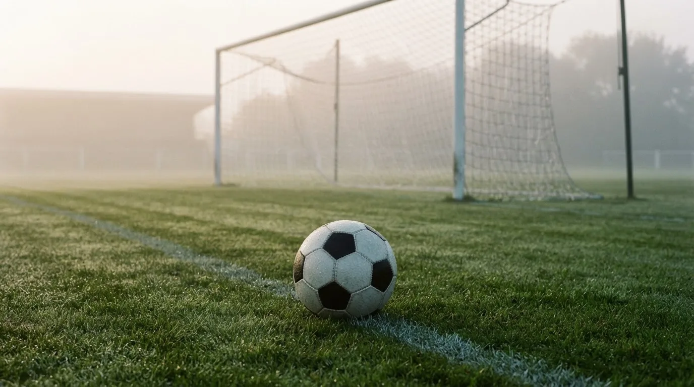 Ein Fußball liegt auf dem Rasen vor einem Tor im Morgennebel, die Netzmaschen sind taufeucht.