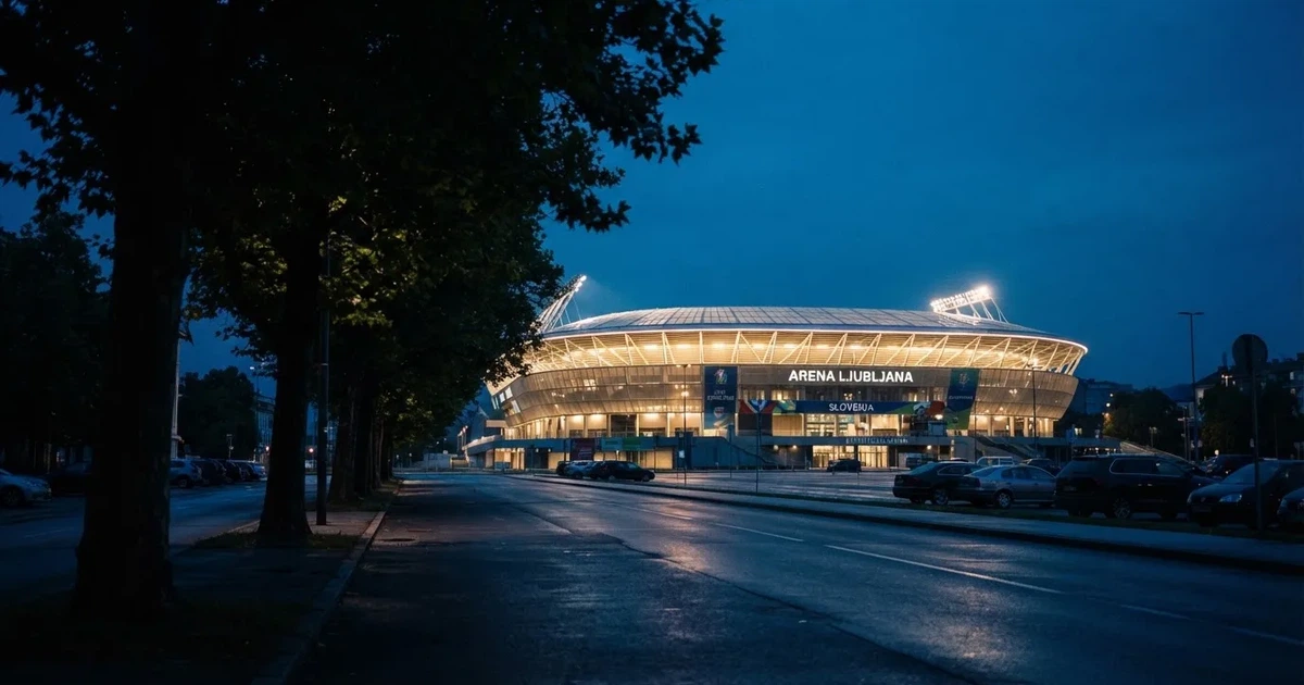 Ein hell erleuchtetes Stadion aus der Ferne bei Nacht, davor eine stille Straße und ein paar Bäume.