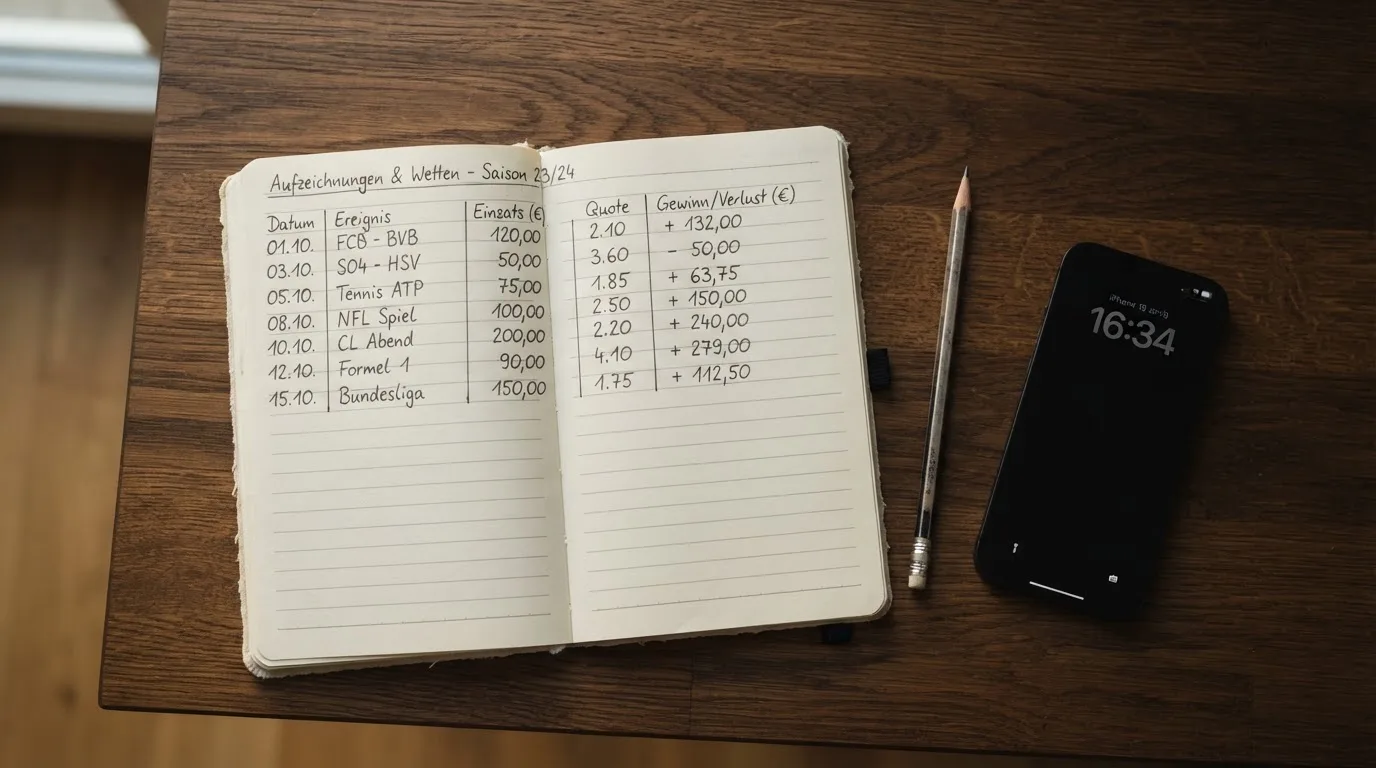 Ein Notizbuch mit handschriftlichen Zahlenreihen liegt neben einem Bleistift und einem Smartphone mit dunklem Display auf einem Tisch.