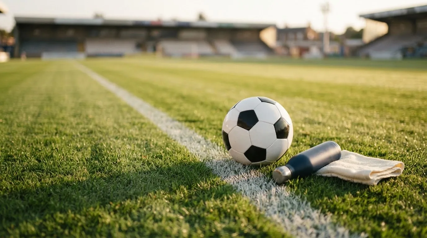 Ein Fußball auf einer Wiese neben der Seitenlinie, daneben eine Trinkflasche ohne Aufdruck und ein Handtuch.
