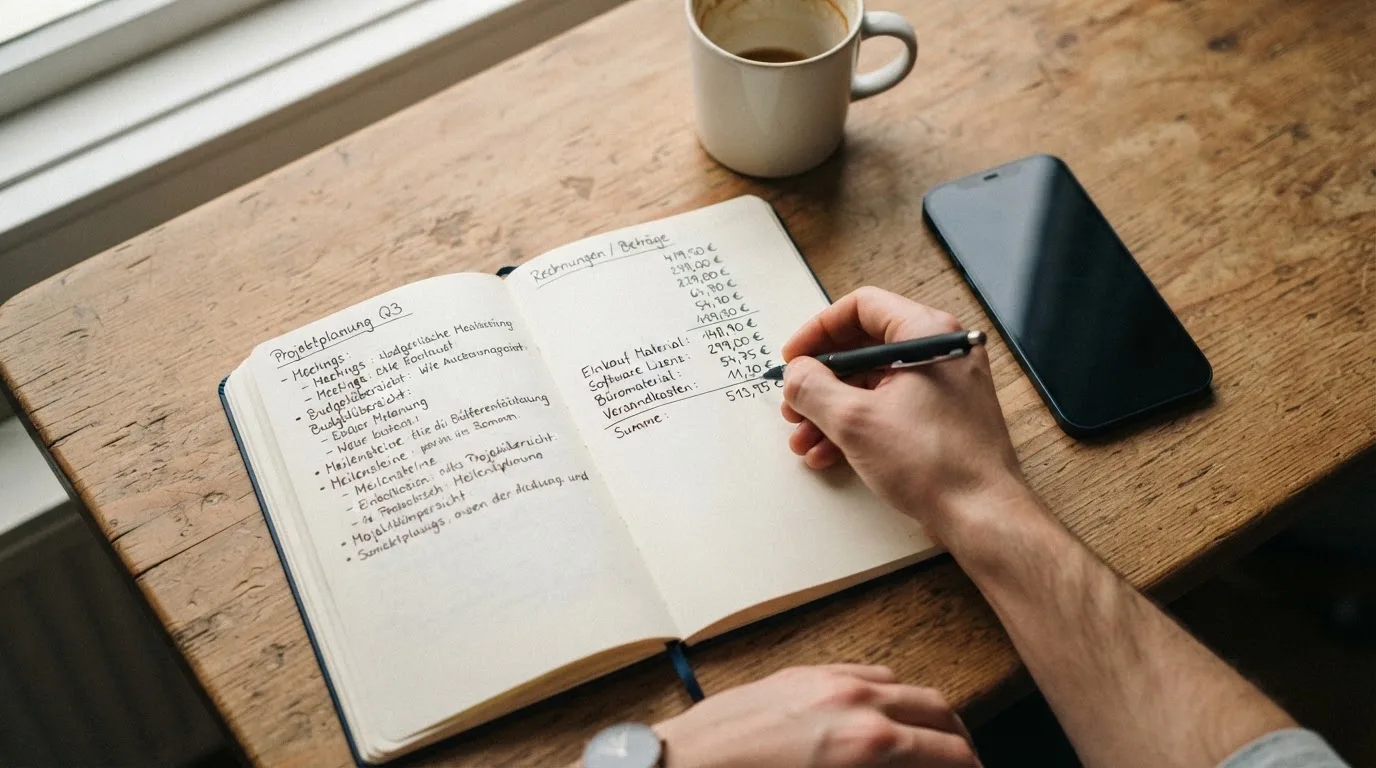 Ein Notizbuch mit handschriftlichen Notizen und ein Taschenrechner liegen auf einem Schreibtisch neben einem Smartphone mit dunklem Display.
