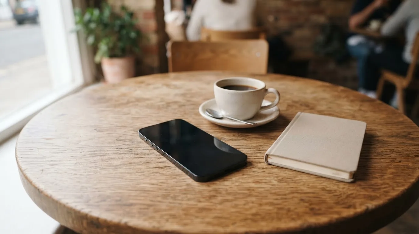 Ein Smartphone liegt mit schwarzem Display neben einer Kaffeetasse und einem Notizblock auf einem Café-Tisch.