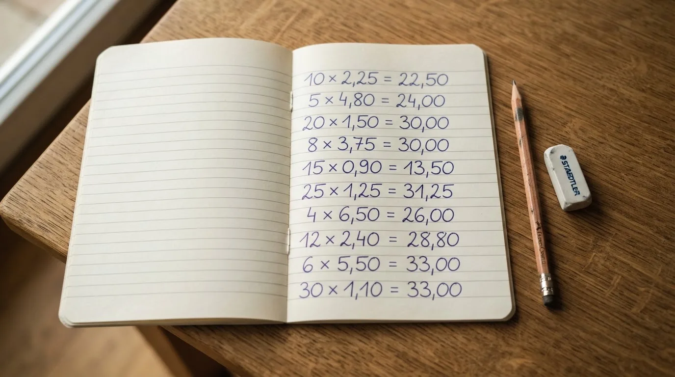 Ein Notizbuch mit handschriftlichen Multiplikationen liegt aufgeschlagen auf einem Holztisch, daneben ein Bleistift und ein Radiergummi.
