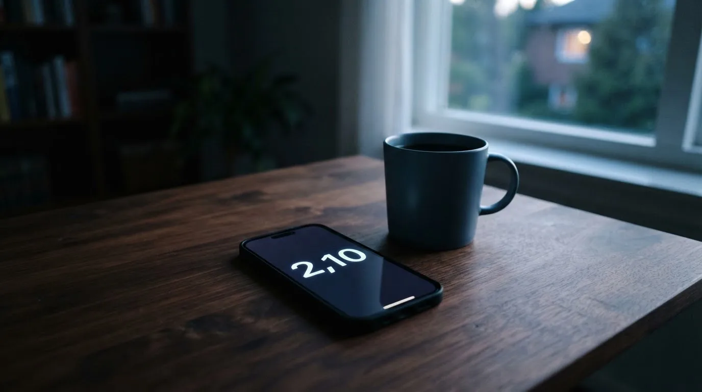 Ein Smartphone mit dunklem Display liegt neben einer Kaffeetasse auf einem Schreibtisch, durch das Fenster fällt Abendlicht.