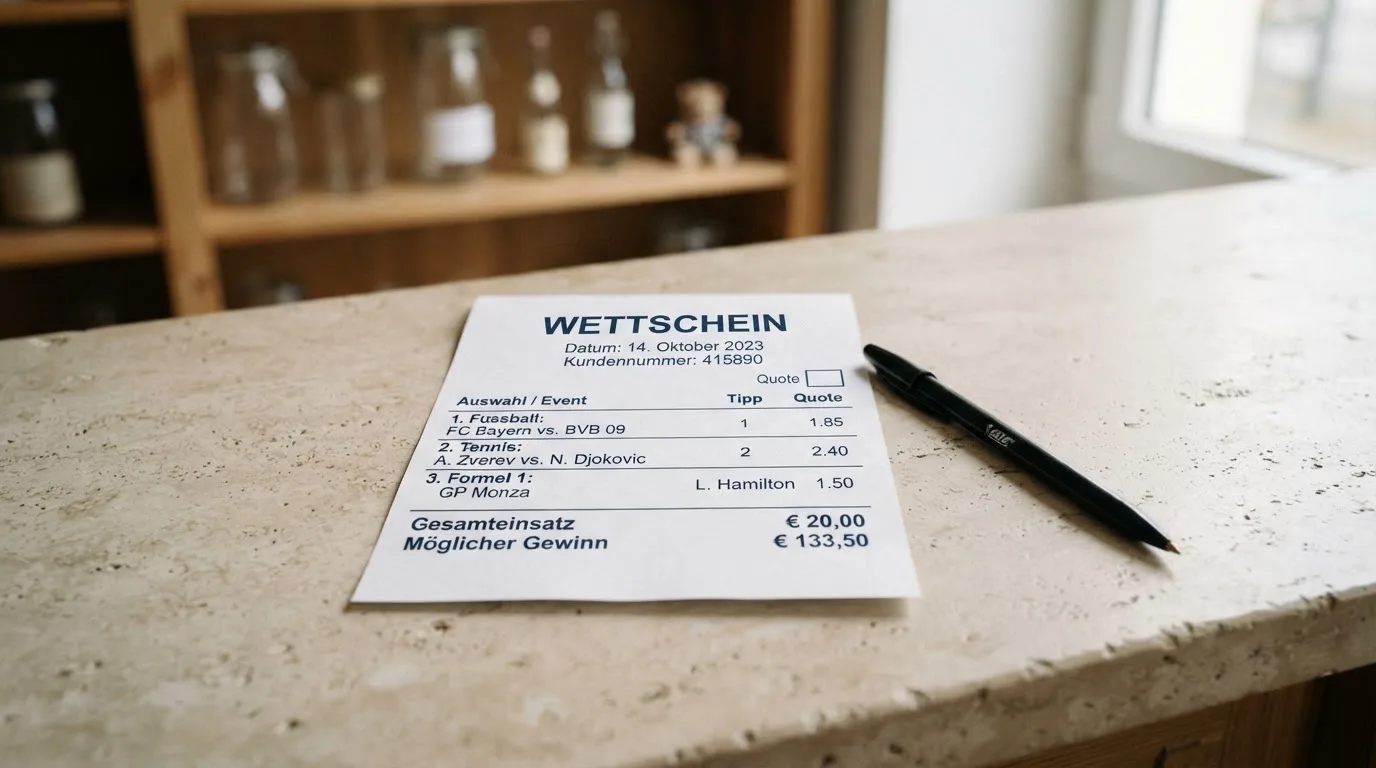 Ein leerer Wettschein aus Papier liegt neben einem Kugelschreiber auf einem Tresen, im Hintergrund unscharf ein Regal.