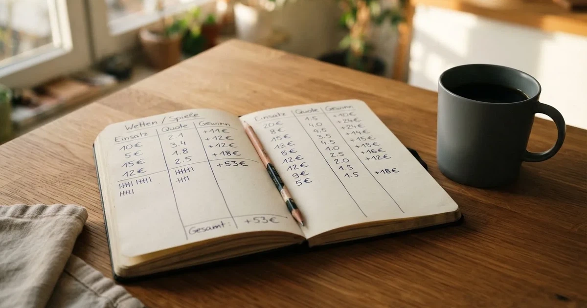 Ein aufgeschlagenes Notizbuch mit handgezeichneten Spalten und Strichen liegt neben einem Bleistift und einer Kaffeetasse auf einem Tisch am Morgen.