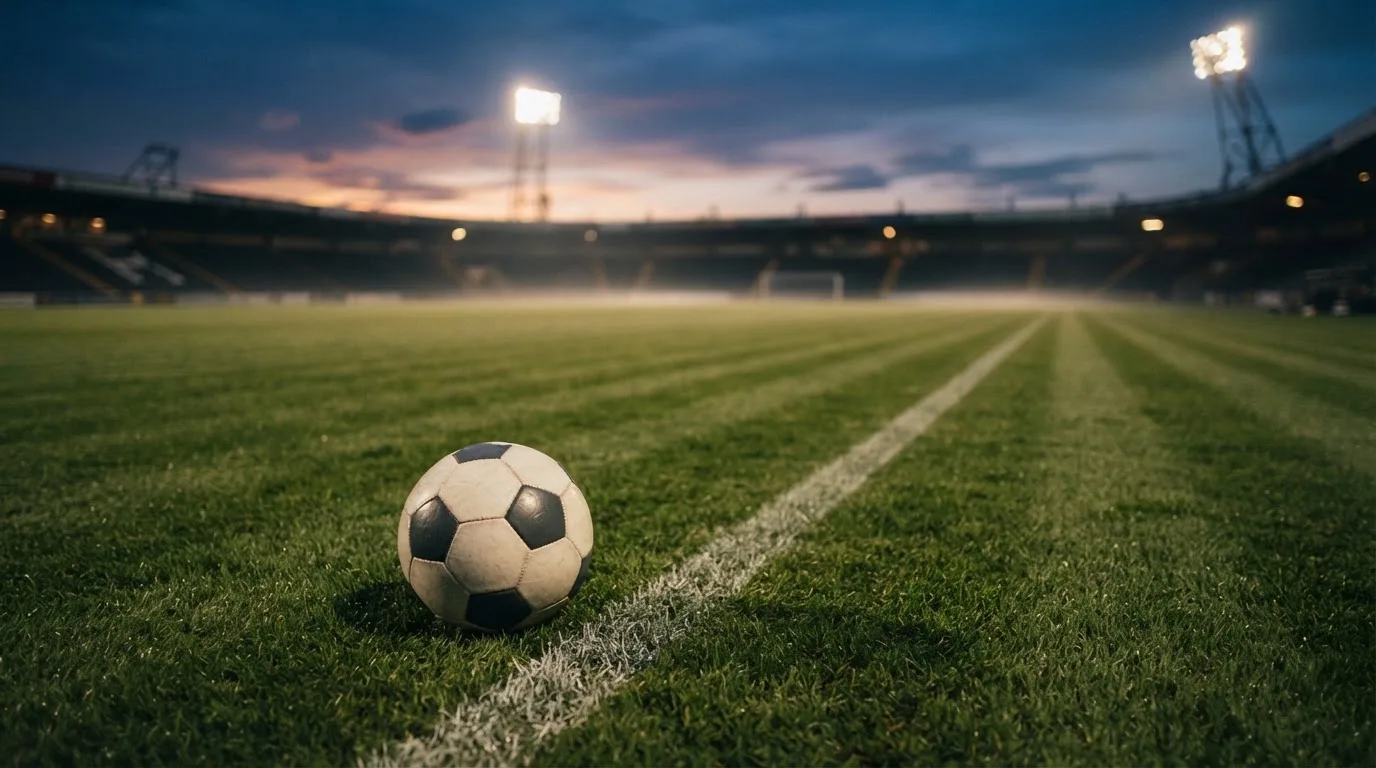 Ein Fußball liegt auf einem Rasenplatz in der Dämmerung, im Hintergrund ein ferner Stadionrand unter Flutlicht.