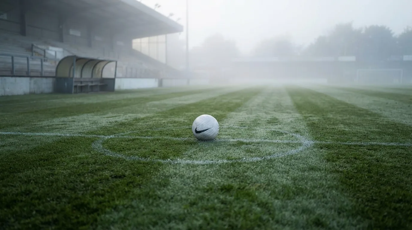 Ein Fußball liegt in der Mitte eines leeren Rasenplatzes im Morgennebel, am Rand steht eine einzelne Auswechselbank.