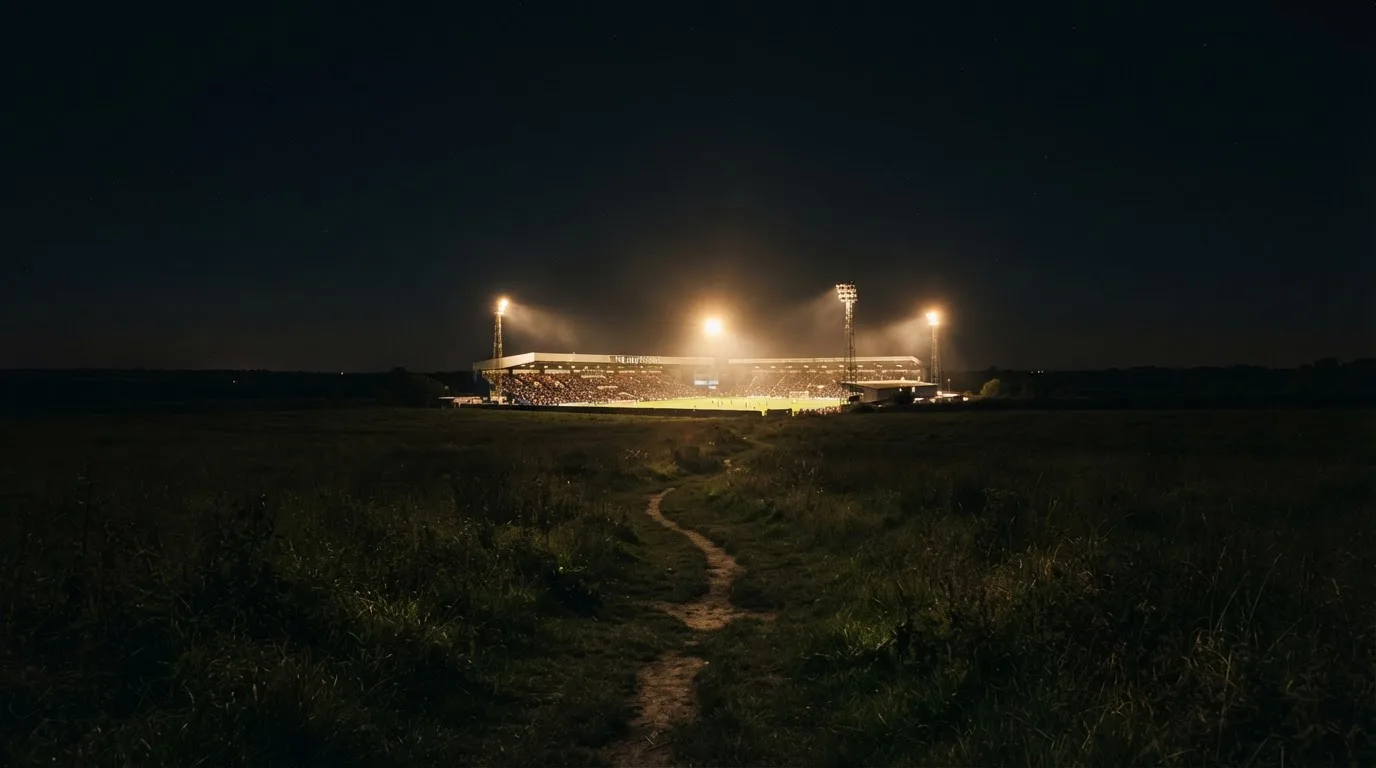 Ein Stadion unter Flutlicht von weitem gesehen, davor ein Feld und ein Feldweg im Dunkeln.